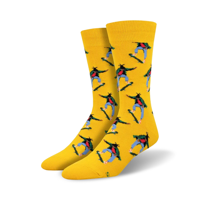 Pair of yellow crew socks with repeating pattern of a person skateboarding. Skater is depicted in red, green, blue and black against the bright yellow background. }}