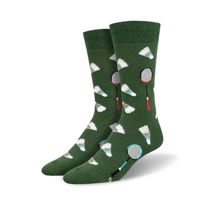 Pair of dark green crew socks with a badminton theme. The socks are adorned with colorful rackets and shuttlecocks. }}