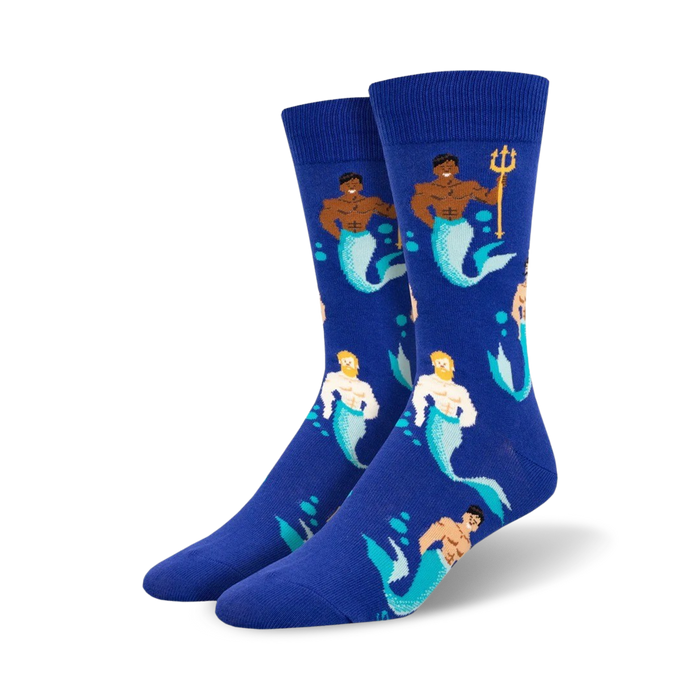 blue crew socks with a pattern of muscular mermen with beards swimming in a sea of bubbles.   }}