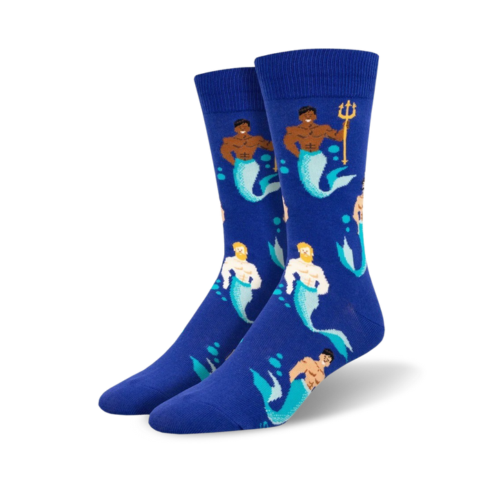 Crew socks in royal blue featuring illustrated mermen with teal tails, one holding a trident. Fun, playful design. }}