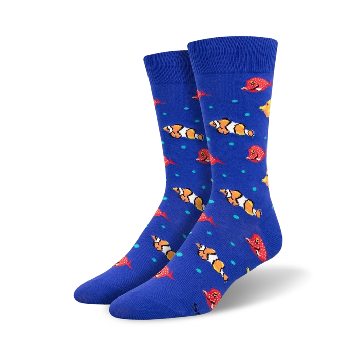 men's crew socks featuring cartoon clownfish and red fish on a blue background   }}