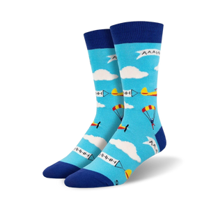 Lifestyle shot: A person's feet wearing the blue Skydiver socks. The socks are styled in casual outfit.