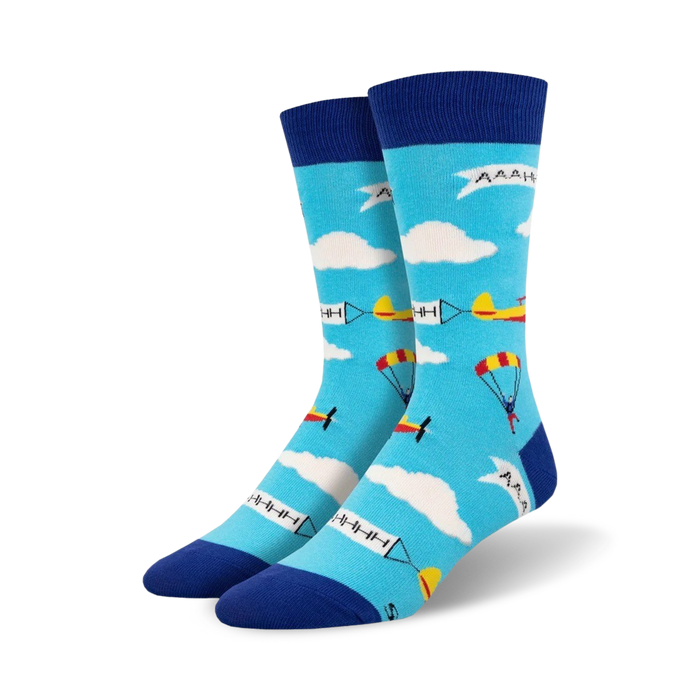 Lifestyle shot: A person's feet wearing the blue Skydiver socks. The socks are styled in casual outfit.