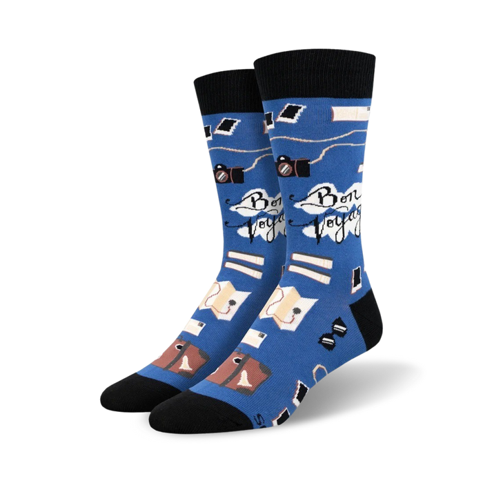 blue crew socks for men featuring colorful illustrations of travel-related items.    }}