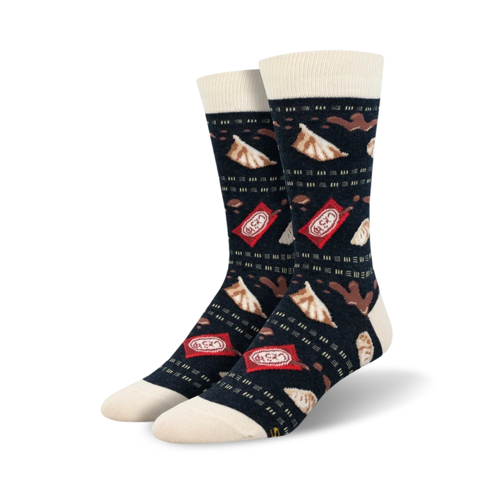 Pair of crew socks with a navy blue background, featuring illustrated gyoza and red dipping sauce packets. Off-white cuffs. }}
