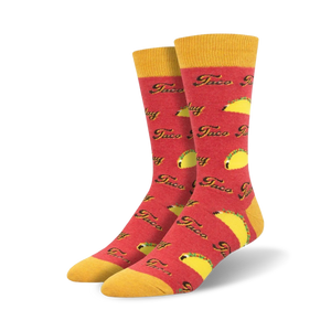 Lifestyle shot showing the red 'Taco Tuesday' socks on a person's feet.