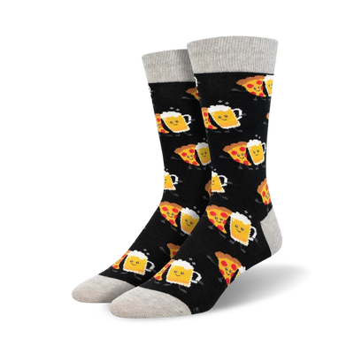 Pair of crew socks with a black background.  The design features repeating images of happy pizza slices and beer mugs.