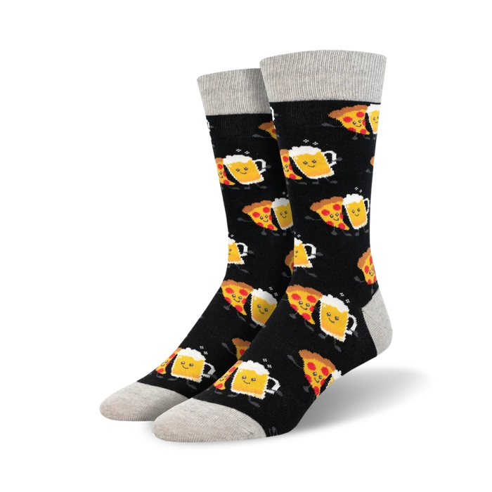 black crew socks with cartoon pizza slices and beer mugs with smiley faces pattern.   }}