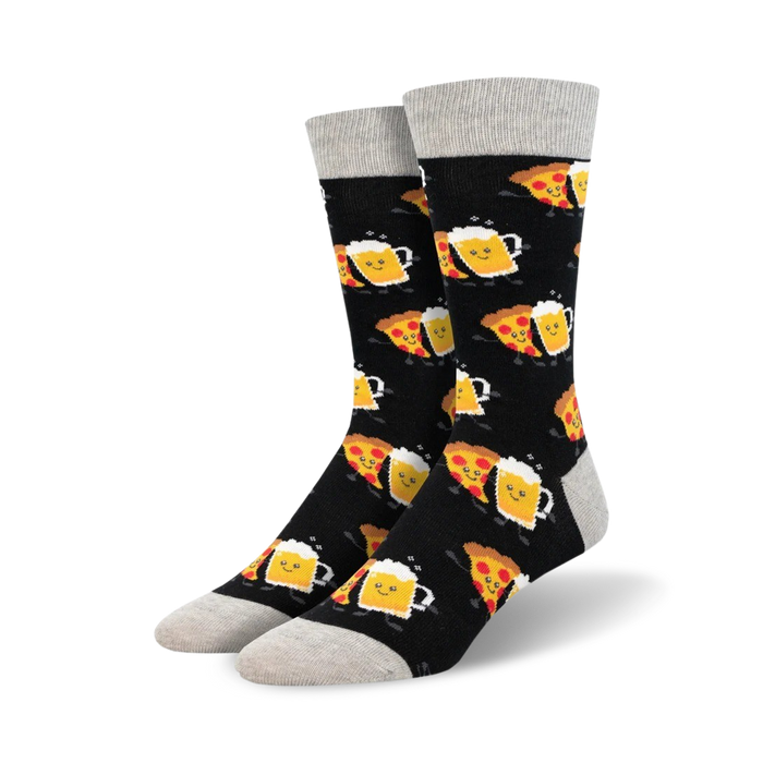 Pair of crew socks with a black background. The design features repeating images of happy pizza slices and beer mugs. }}