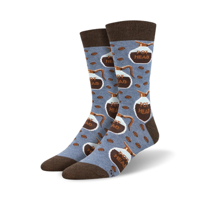 Pair of crew socks in blue and brown, featuring a repeating pattern of coffee pots and coffee beans with the words 'Pot Head'.