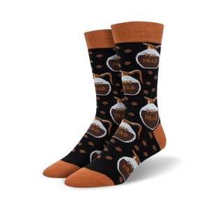 black crew socks featuring coffee pots & beans, with 