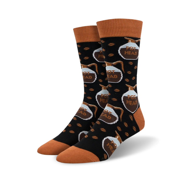 black crew socks featuring coffee pots & beans, with 