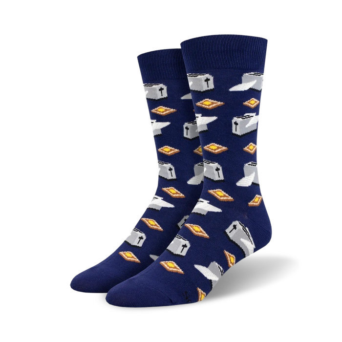 Pair of navy blue crew socks with a repeating pattern of silver toasters and golden-brown toast slices. }}