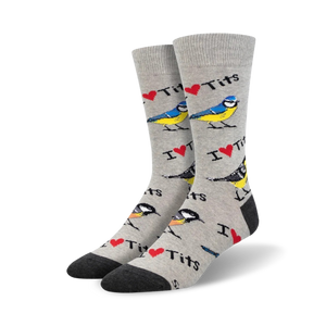 Pair of crew socks, grey and blue, with a pattern of blue tits and the phrase 'I Heart Tits'.