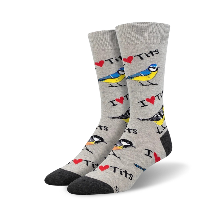Pair of crew socks, grey and blue, with a pattern of blue tits and the phrase 'I Heart Tits'.
