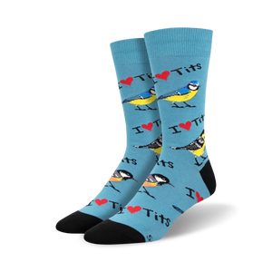 mens blue crew socks with cartoon blue tits and red 