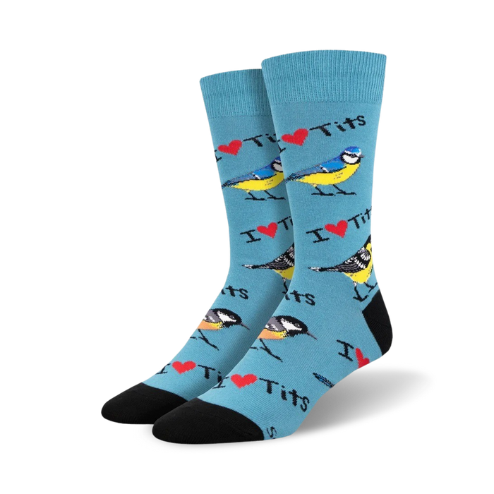 mens blue crew socks with cartoon blue tits and red 
