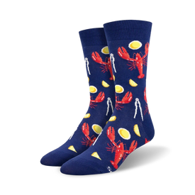 dark blue crew socks with red lobsters, yellow lemon wedges, and silver lobster crackers pattern.  