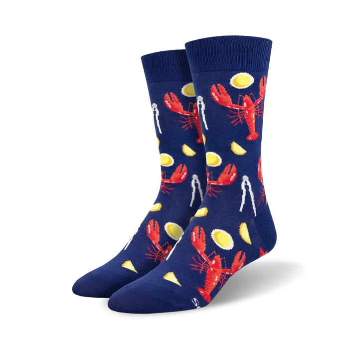 dark blue crew socks with red lobsters, yellow lemon wedges, and silver lobster crackers pattern.   }}