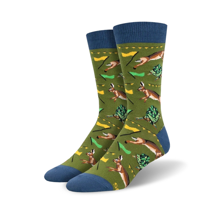 mens tortoise and the hare novelty socks. brown/green. crew length. spring theme.   }}