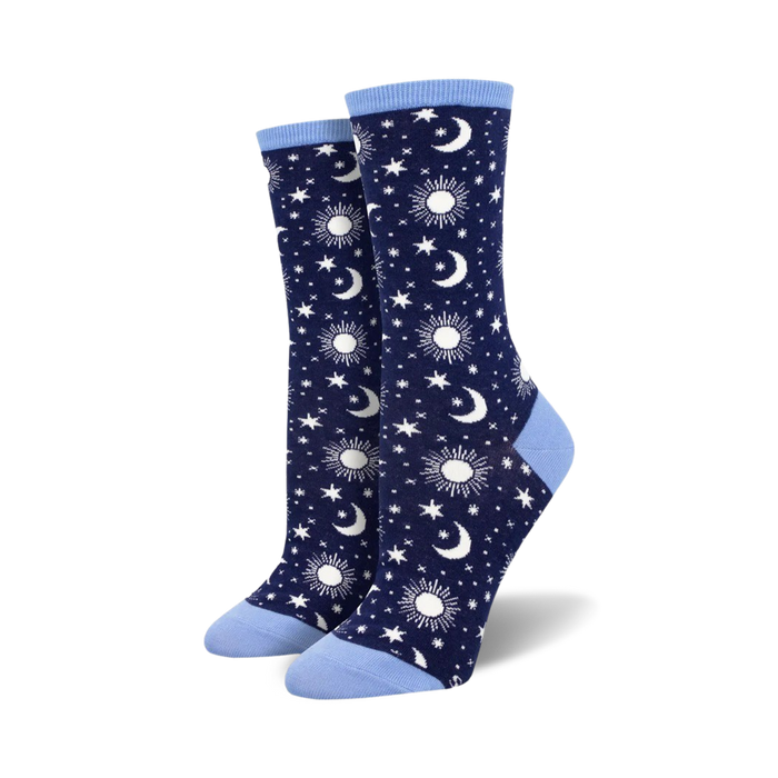 women's moon themed socks with navy and light blue hues and a pattern of white stars, suns, and moons.  