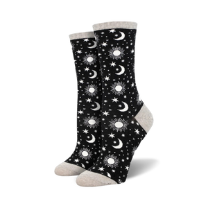 black crew socks with white pattern of moons, stars & suns.  