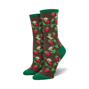 Pair of women's crew socks, brown and green, featuring a pattern of mice on strawberry vines.