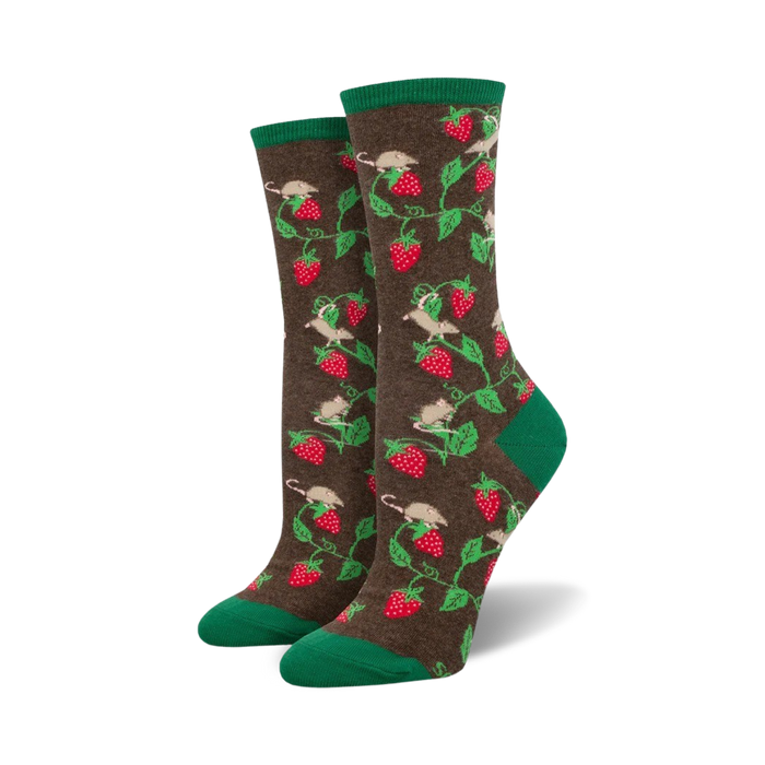 Pair of women's crew socks, brown and green, featuring a pattern of mice on strawberry vines.