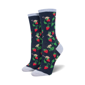 Pair of women's crew socks, navy and light blue, showcasing a pattern of mice on strawberry vines.
