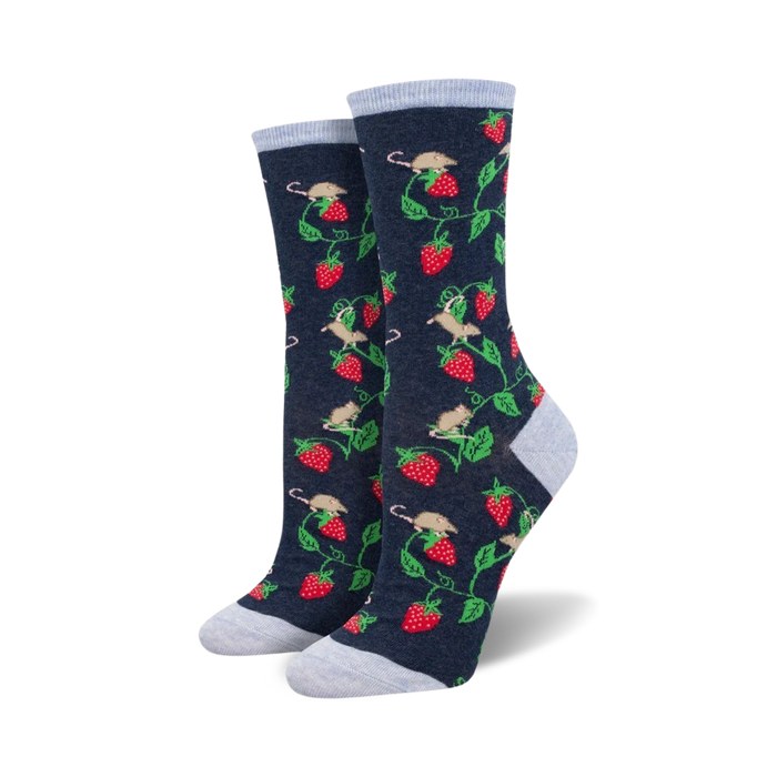 Pair of women's crew socks, navy and light blue, showcasing a pattern of mice on strawberry vines.