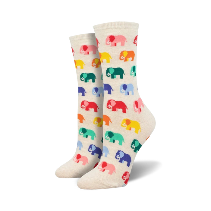 womens crew socks, bright cartoon elephant pattern cream background.  