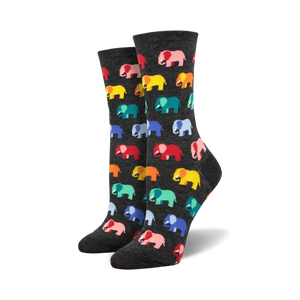 Close-up of a pair of charcoal grey crew socks featuring a colorful elephant pattern.