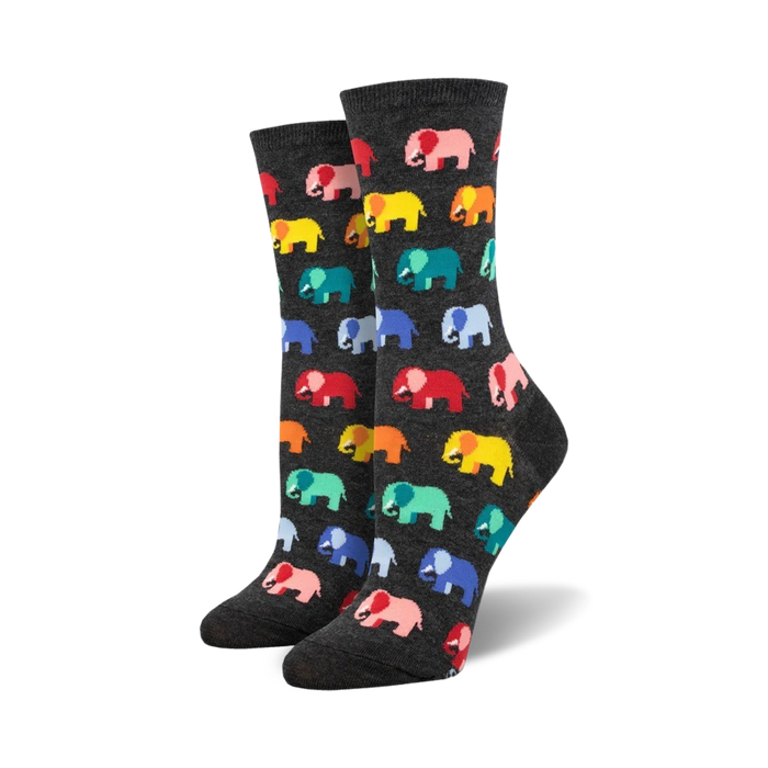 women's dark gray crew socks feature a multicolored elephant pattern, bringing a touch of whimsy to any outfit.  