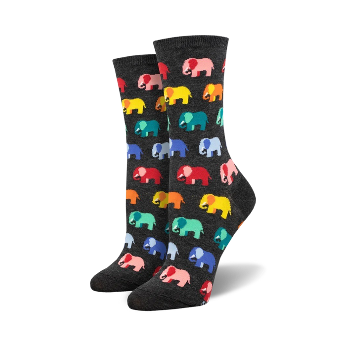 Close-up of a pair of charcoal grey crew socks featuring a colorful elephant pattern.