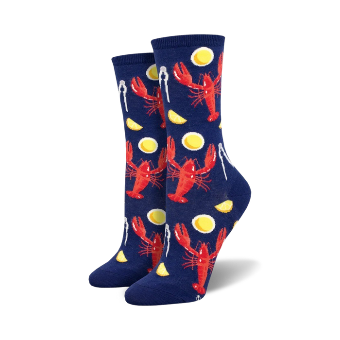 Crew socks in navy blue with a fun pattern of red lobsters, lemon slices, and lobster cracking tools. }}