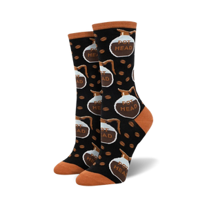 Pair of crew socks with a black background, brown coffee pot and coffee bean pattern, and 'Pot Head' text.