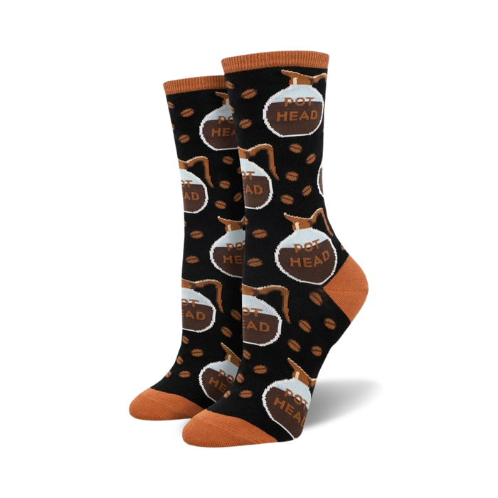 black crew socks with brown coffee beans pattern and 'pot head' text.  