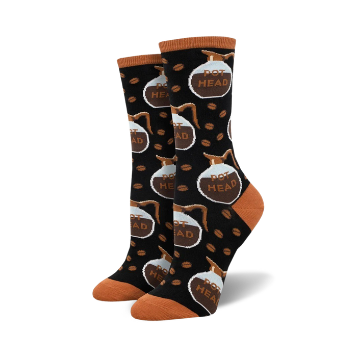 Pair of crew socks with a black background, brown coffee pot and coffee bean pattern, and 'Pot Head' text.