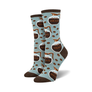 light blue women's crew socks with brown coffee bean pattern and 'pot head' text.   