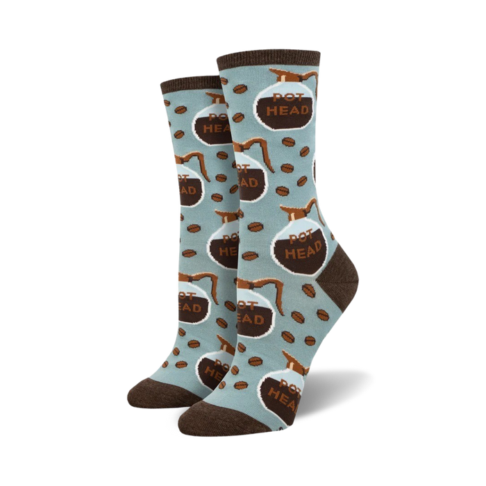 light blue women's crew socks with brown coffee bean pattern and 'pot head' text.   