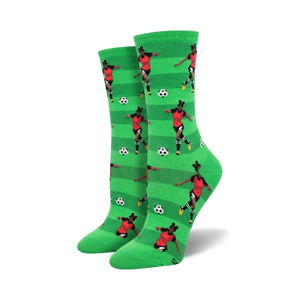 Pair of women's crew socks; green and white stripes, a female soccer player in red and black is repeated on the socks.