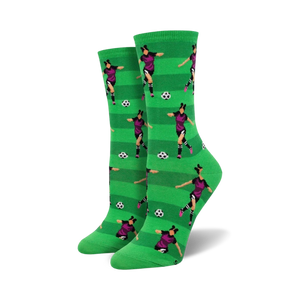 crew socks featuring green and purple design of female soccer players in action.   