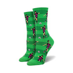 Close-up view of the Soccer Star socks, showcasing the detailed design of the female soccer player and the green and white striped background.