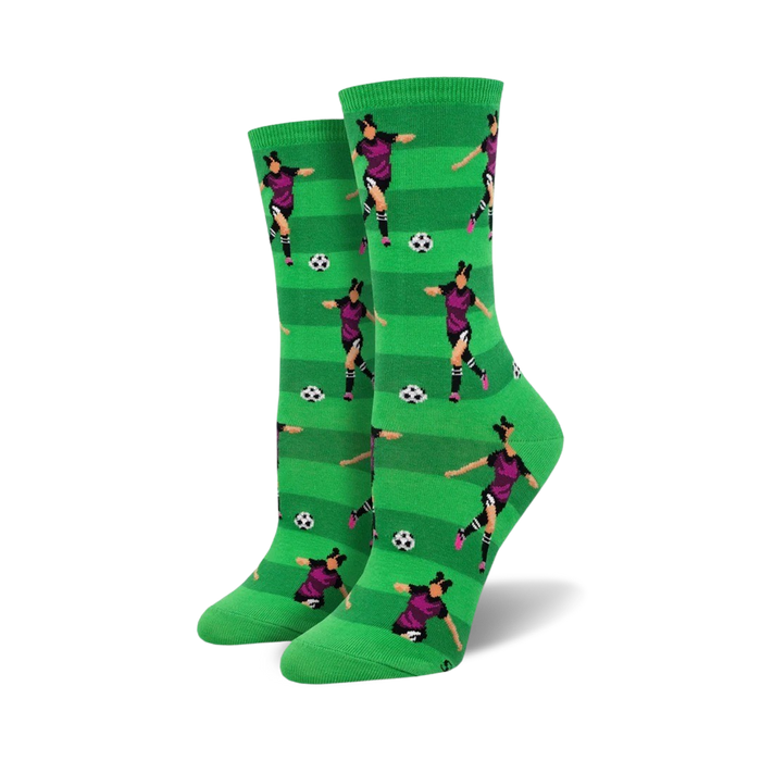 crew socks featuring green and purple design of female soccer players in action.   