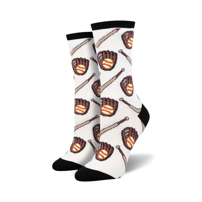 A pair of women's crew socks with a white background and repeating pattern of brown baseball gloves and bats. }}