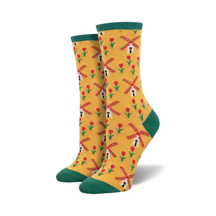 crew length women's socks with tulips, windmills and green top. dutch themed.    }}