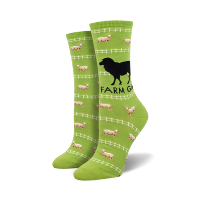 Lime green crew socks with a repeating pattern of sheep, fences, and a black silhouette of a dog. Text says 'Farm Girl'.