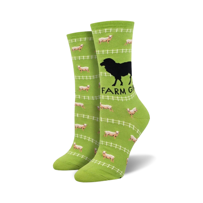 green socks with white sheep, black barbed wire design and 