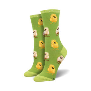 Lifestyle shot showing the green chick socks on a model's feet.