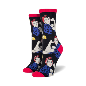 rosie the riveter crew socks feature the iconic image of the woman with the red bandana, empowering women in art and literature.    